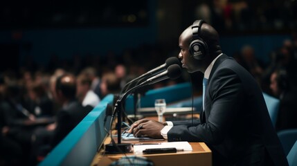 Translator at UN assembly professional suit translating global speeches