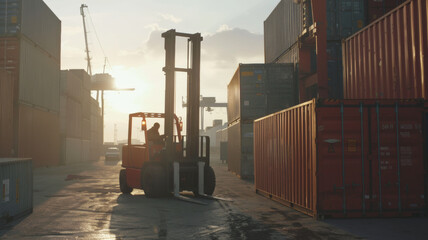 Dawn's light bathes a solitary forklift between shipping containers in a peaceful industrial tableau.