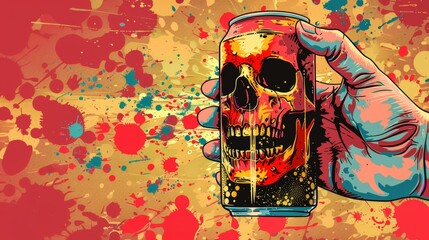 Colorful Illustration of a Hand Holding a Skull-Printed Soda Can Against a Splattered Background