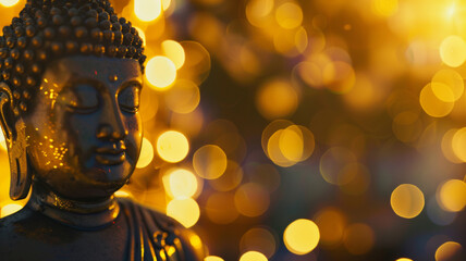 A Buddha statue radiates against a bokeh background, evoking spirituality and peaceful reflection.