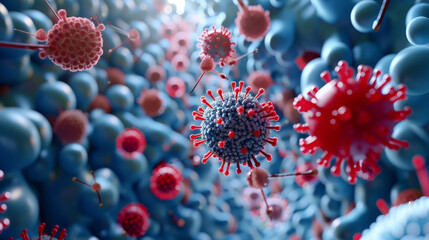 Microscopic Pathogen Visualization in Blue and Red. Digital rendering of pathogens amidst cellular activity, highlighting infection and defense mechanisms.