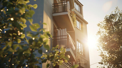 Golden sunlight glistens off a modern apartment building at dusk.