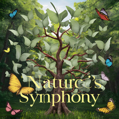 Trees and butterflies with text nature's symphony