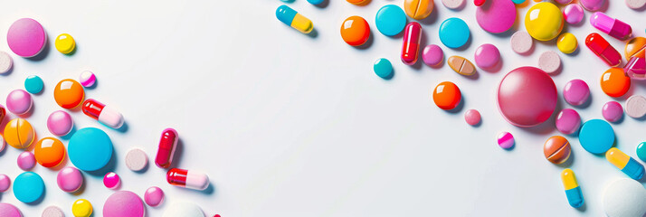 Assorted Medication Pills and Capsules on White. Colorful assorted pharmaceutical pills and capsules spread on white background. - obrazy, fototapety, plakaty