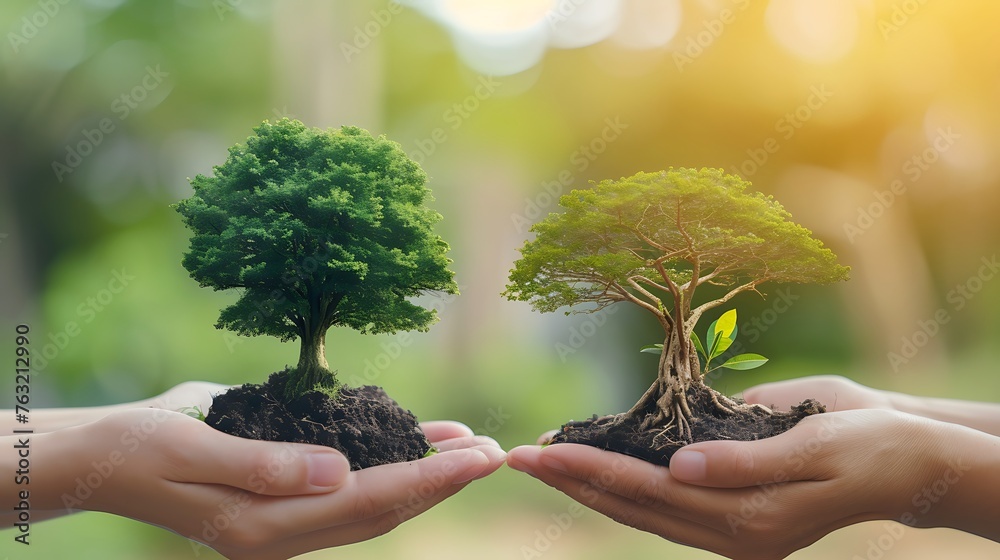 Wall mural tree in two hands with very different environments earth day-global warming and pollution