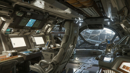 Advanced spaceship cockpit with multiple futuristic displays.