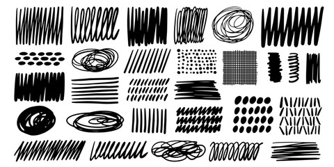 Hand drawn black ink hatching. Black squiggle grunge texture vector collection - obrazy, fototapety, plakaty