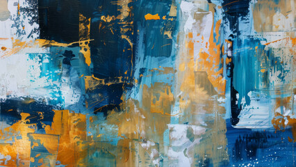 A dynamic abstract painting featuring bold blue and golden strokes on canvas.