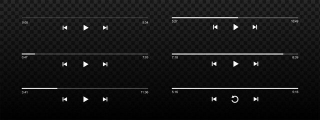Set of audio or video player loading bars with time slider, play, rewind and fast forward buttons on black background. Templates of audioplayer or audiobook app interface. Vector graphic illustration.
