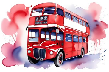 Beautiful watercolor illustration of red London buses in London, UK. Red double decker bus on a white background - obrazy, fototapety, plakaty