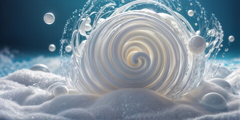 white and grey spiral of liquid and bubbles with a dark background. The spiral is made up of flowing liquid and small bubbles, creating a sense of movement and fluidity