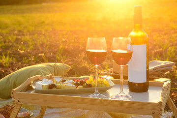 Picnic with tasty food and wine in field at sunset, closeup