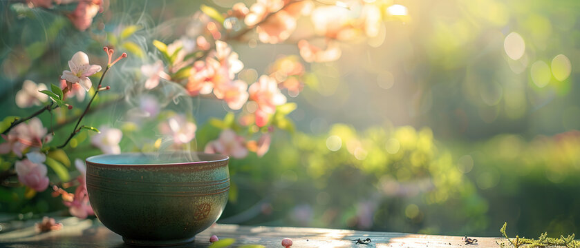 photograph of a steaming cup of matcha tea set against a backdrop of a blossoming garden. with empty copy space