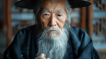 An old man with a black hat and beard is sitting in a blue robe. He has a serious expression on his face. a candid photo of the old, virtuous feudal China gentleman was giving advice