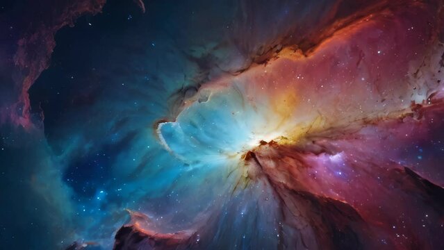 A breathtaking view of the Milky Way galaxy glowing in the night sky. Pale hues of blue, yellow, red and pink intermingling from nebulae to stars. 