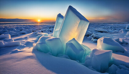 massive ice block sitting on a snow-covered ground. The sun is setting in the background, casting a warm orange glow on the sky.