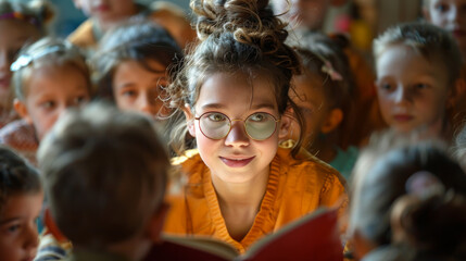 Fototapeta premium A girl with glasses is reading a book in front of a group of children