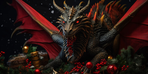 Fototapeta premium Christmas dragon background. Christmas card template. Happy New year backdrop. Horoscope, calendar.