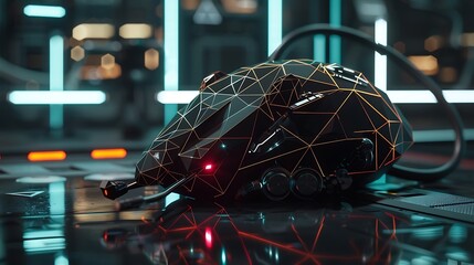 imagine an AI representation of a high-tech black mouse adorned with geometric patterns and customizable RGB lighting - obrazy, fototapety, plakaty