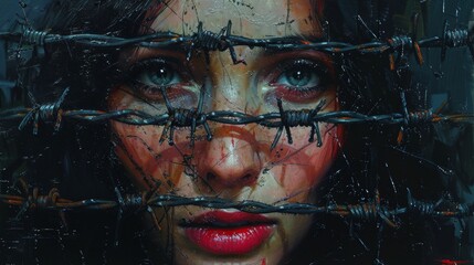 Woman Behind Barbed Wire Fence