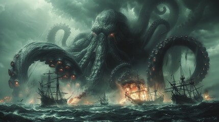 Octopus Attacks Ships in the Ocean - obrazy, fototapety, plakaty