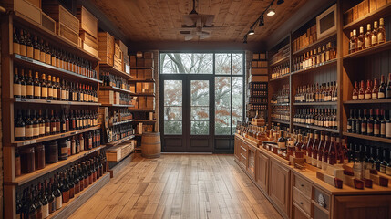 Luxury wine shop with wooden interior decoration. - obrazy, fototapety, plakaty
