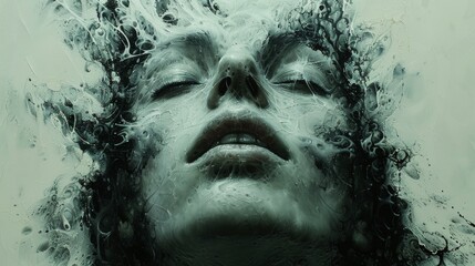Surreal Portrait of a Person Submerged in Water With Air Bubbles Around - obrazy, fototapety, plakaty