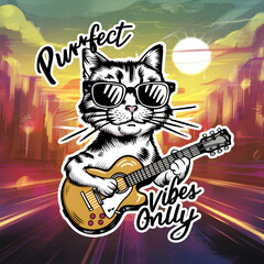 cat playing guitar with motto purrfect vibes
