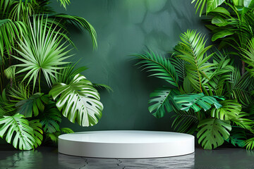 product podium display with tropical plants backdrop