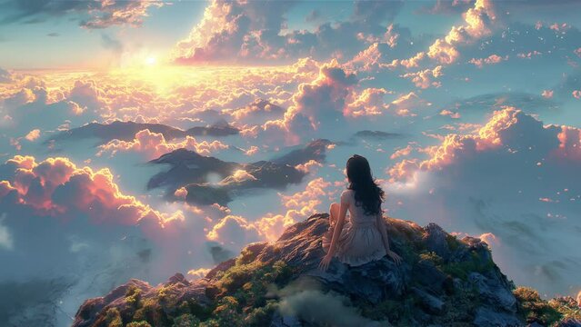 A woman sitting on top of a mountain looking at the sky. Loop animation