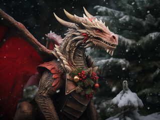 Christmas dragon background. Christmas card template. Happy New year backdrop. Horoscope, calendar.