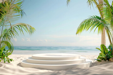 product podium display with beautiful sand beach daylight time for advertisement
