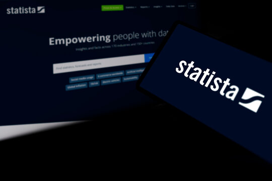 Dhaka, Bangladesh- 20 March 2024: Statista.com logo is displayed on smartphone.