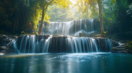the mesmerizing sights and sounds of a panoramic, beautiful deep forest waterfall in Thailand, capturing the essence of its lush green surroundings and the soothing melody of cascading water