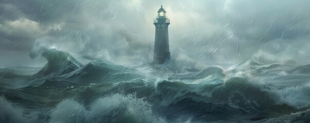 Lighthouse in a Stormy Sea - obrazy, fototapety, plakaty