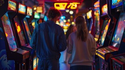 Friends Enjoying Arcade Games Together - obrazy, fototapety, plakaty