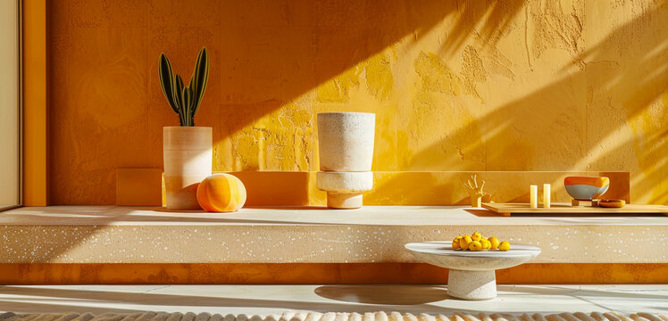 A yellow wall with a white vase and a white bowl on a table. Cozy and inviting atmosphere