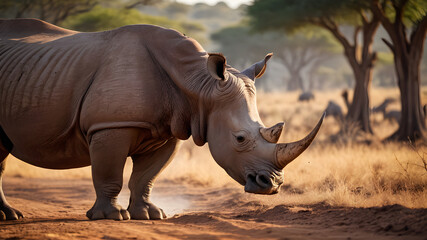A large white rhino grazes in the tall grass of the African savannah - obrazy, fototapety, plakaty
