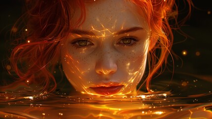 Red-Haired Woman Submerged in Water - obrazy, fototapety, plakaty