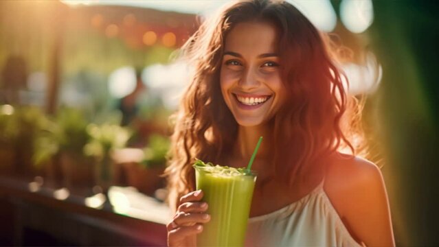 Portrait of a woman with a healthy drink, a happy woman with a green detox drink