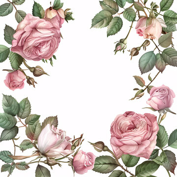 florals frame with vintage watercolor roses and leaves on white background for card template