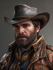 Fototapeta premium The image depicts a grizzled cowboy with a stern expression, wearing a weathered leather hat and a textured scarf