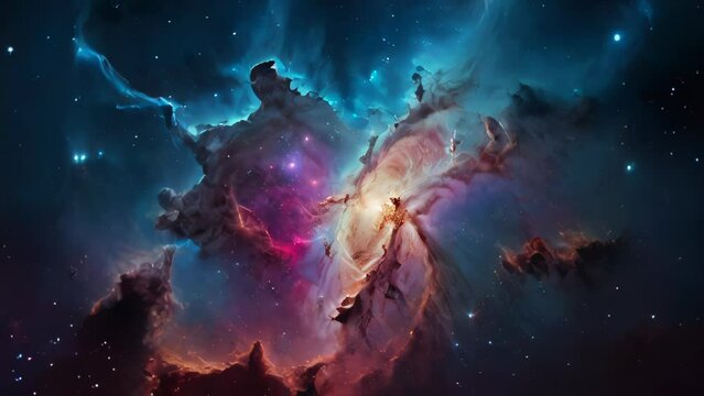 A breathtaking view of the Milky Way galaxy glowing in the night sky. Pale hues of blue, yellow, red and pink intermingling from nebulae to stars. 
