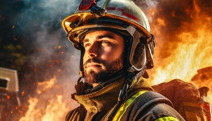 Portrait of a firefighter with helmet against fire background