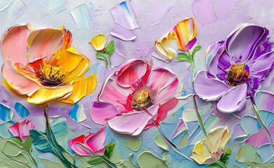 Oil painting of spring flowers on canvas - obrazy, fototapety, plakaty