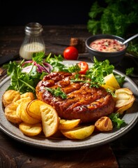 Ein Wiener Schnitzel auf dem Teller mit Bratkartoffeln und Salat