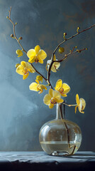 Modern hyper realistic still life illustration, oil painting styl, vase with yellow orchids