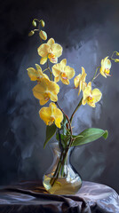 Modern hyper realistic still life illustration, oil painting styl, vase with yellow orchids - obrazy, fototapety, plakaty