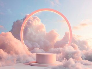 A podium surrounded by clouds with pastel colors

