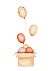 Box and balloons; watercolor hand drawn illustration